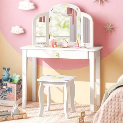 Coiffeuse Enfant Table de Maquillage avec Miroir Triptyque et Tabouret Charge 50KG pour Enfants 3 Ans Ananas