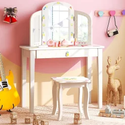 Coiffeuse Enfant Table de Maquillage avec Miroir Triptyque et Tabouret Charge 50KG pour Enfants 3 Ans Ananas