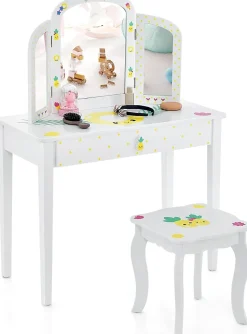 Coiffeuse Enfant Table de Maquillage avec Miroir Triptyque et Tabouret Charge 50KG pour Enfants 3 Ans Ananas