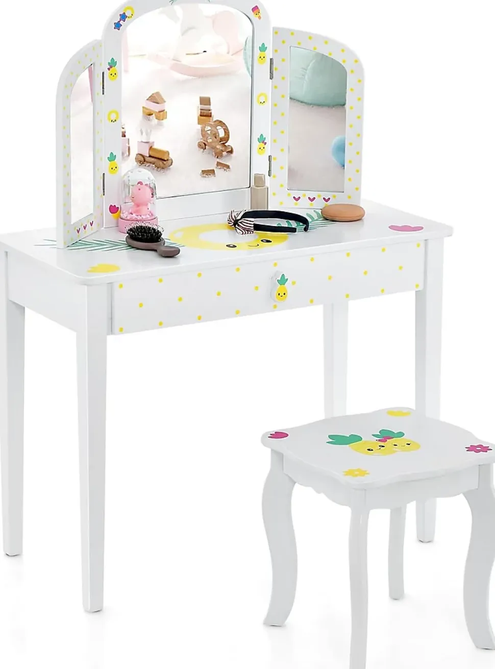 Coiffeuse Enfant Table de Maquillage avec Miroir Triptyque et Tabouret Charge 50KG pour Enfants 3 Ans Ananas