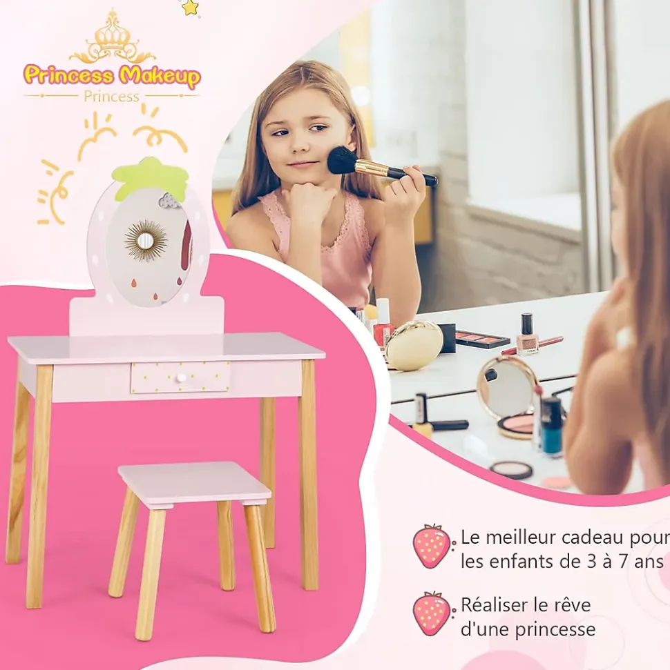 Coiffeuse Ensemble Coiffeuse et Chaise avec Miroir en Forme de Fraise Détachable Table de Maquillage avec Coins Arrondis