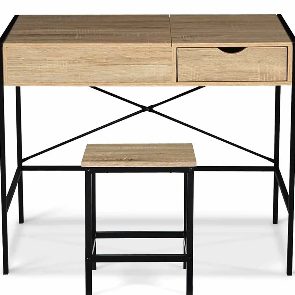 Coiffeuse LUIS miroir rabattable avec tabouret design industriel
