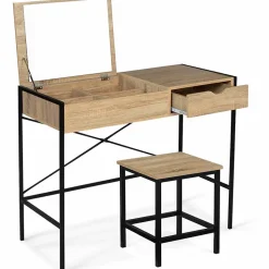 Coiffeuse LUIS miroir rabattable avec tabouret design industriel