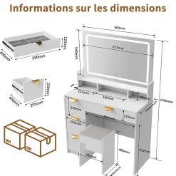 Coiffeuse MDF avec Miroir LED 3 Couleurs, Tiroirs avec Rangement Bijoux, Prises EU + USB, Support Sèche-Cheveux et Banc, Blanc