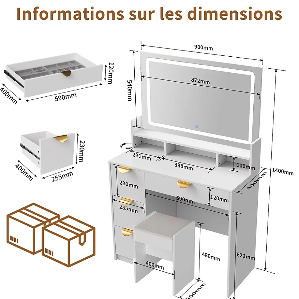 Coiffeuse MDF avec Miroir LED 3 Couleurs, Tiroirs avec Rangement Bijoux, Prises EU + USB, Support Sèche-Cheveux et Banc, Blanc