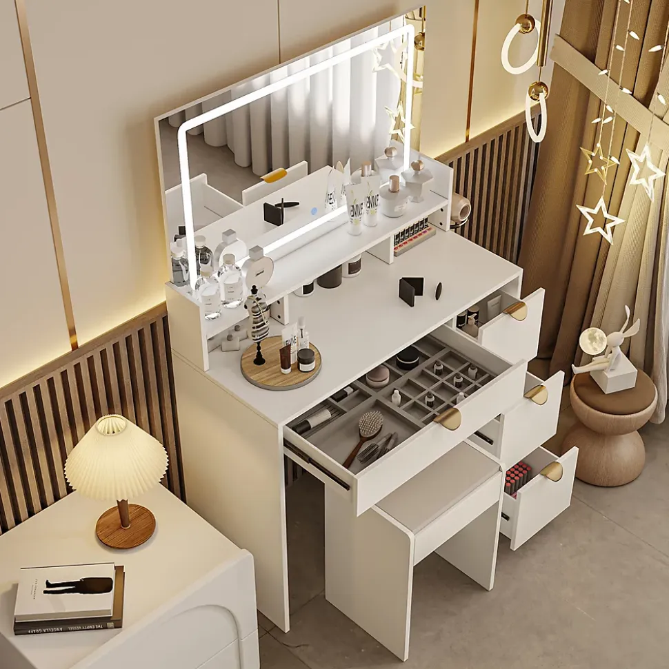 Coiffeuse MDF avec Miroir LED 3 Couleurs, Tiroirs avec Rangement Bijoux, Prises EU + USB, Support Sèche-Cheveux et Banc, Blanc