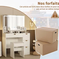 Coiffeuse MDF avec Miroir LED 3 Couleurs, Tiroirs avec Rangement Bijoux, Prises EU + USB, Support Sèche-Cheveux et Banc, Blanc