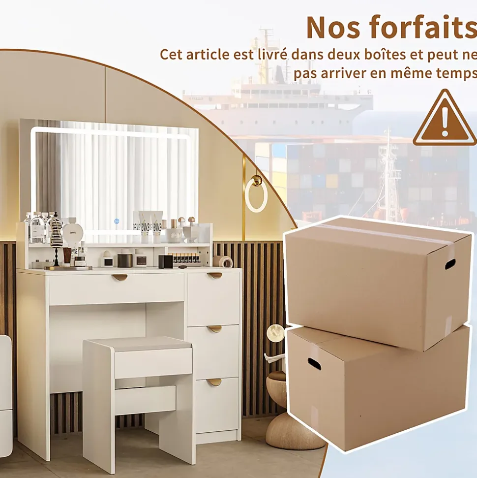 Coiffeuse MDF avec Miroir LED 3 Couleurs, Tiroirs avec Rangement Bijoux, Prises EU + USB, Support Sèche-Cheveux et Banc, Blanc
