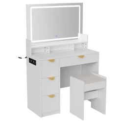 Coiffeuse MDF avec Miroir LED 3 Couleurs, Tiroirs avec Rangement Bijoux, Prises EU + USB, Support Sèche-Cheveux et Banc, Blanc