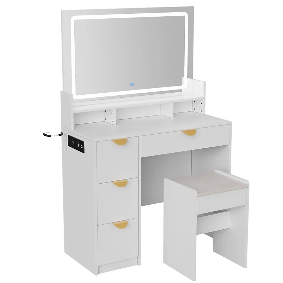 Coiffeuse MDF avec Miroir LED 3 Couleurs, Tiroirs avec Rangement Bijoux, Prises EU + USB, Support Sèche-Cheveux et Banc, Blanc