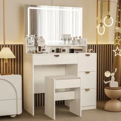 Coiffeuse MDF avec Miroir LED 3 Couleurs, Tiroirs avec Rangement Bijoux, Prises EU + USB, Support Sèche-Cheveux et Banc, Blanc