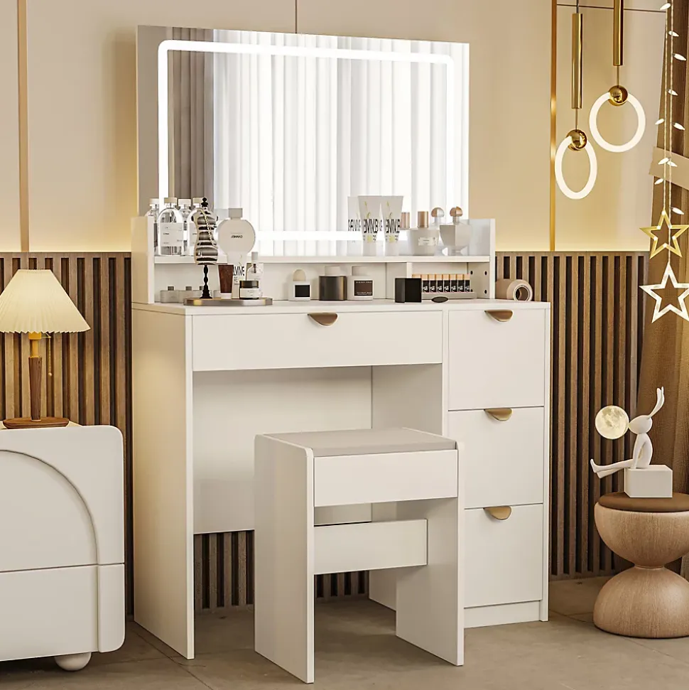 Coiffeuse MDF avec Miroir LED 3 Couleurs, Tiroirs avec Rangement Bijoux, Prises EU + USB, Support Sèche-Cheveux et Banc, Blanc