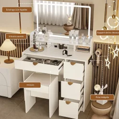 Coiffeuse MDF avec Miroir LED 3 Couleurs, Tiroirs avec Rangement Bijoux, Prises EU + USB, Support Sèche-Cheveux et Banc, Blanc