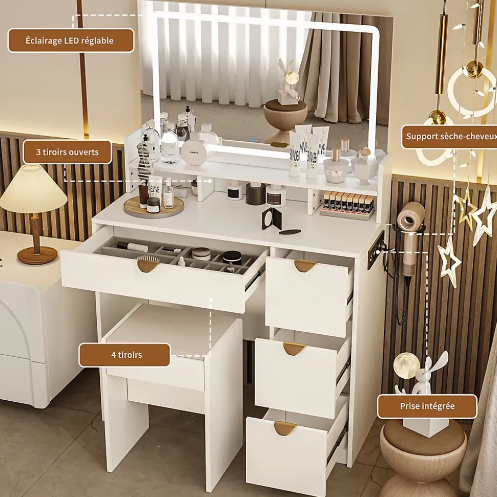 Coiffeuse MDF avec Miroir LED 3 Couleurs, Tiroirs avec Rangement Bijoux, Prises EU + USB, Support Sèche-Cheveux et Banc, Blanc