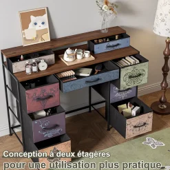 Coiffeuse, meuble avec 9 tiroirs, plateau en bois, pieds réglables et système anti-basculement, 212x40x91.2 cm, Multicolore