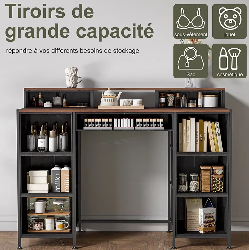 Coiffeuse, meuble avec 9 tiroirs, plateau en bois, pieds réglables et système anti-basculement, 212x40x91.2 cm, Multicolore