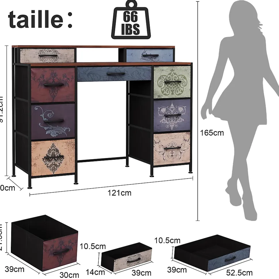 Coiffeuse, meuble avec 9 tiroirs, plateau en bois, pieds réglables et système anti-basculement, 212x40x91.2 cm, Multicolore