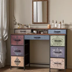 Coiffeuse, meuble avec 9 tiroirs, plateau en bois, pieds réglables et système anti-basculement, 212x40x91.2 cm, Multicolore