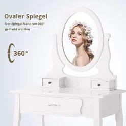 Coiffeuse moderne pour filles, ensemble de table de maquillage avec 3 tiroirs et miroir ovale à 360, tabouret rembourré