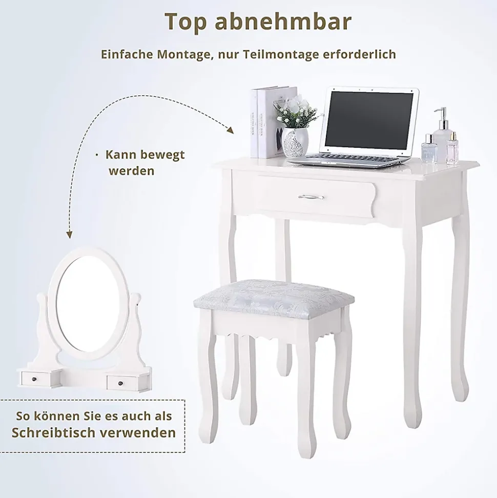 Coiffeuse moderne pour filles, ensemble de table de maquillage avec 3 tiroirs et miroir ovale à 360, tabouret rembourré
