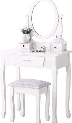 Coiffeuse moderne pour filles, ensemble de table de maquillage avec 3 tiroirs et miroir ovale à 360, tabouret rembourré