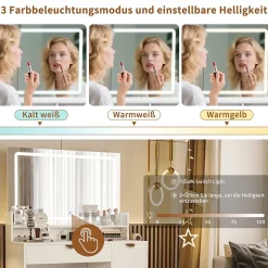 Coiffeuse multifonctionnelle avec USB et LED, Miroir, Tabouret, 4 Tiroirs, 3 Compartiments et Support, 90x40xH140 cm, Blanc