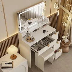 Coiffeuse multifonctionnelle avec USB et LED, Miroir, Tabouret, 4 Tiroirs, 3 Compartiments et Support, 90x40xH140 cm, Blanc
