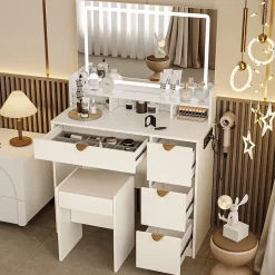 Coiffeuse multifonctionnelle avec USB et LED, Miroir, Tabouret, 4 Tiroirs, 3 Compartiments et Support, 90x40xH140 cm, Blanc