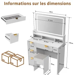 Coiffeuse multifonctionnelle avec USB et LED, Miroir, Tabouret, 4 Tiroirs, 3 Compartiments et Support, 90x40xH140 cm, Blanc