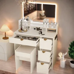 Coiffeuse multifonctionnelle avec USB et LED, Miroir, Tabouret, 4 Tiroirs, 3 Compartiments et Support, 90x40xH140 cm, Blanc