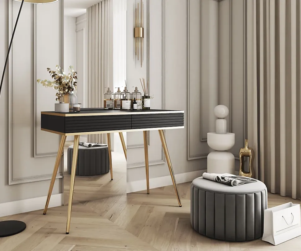 Coiffeuse noire glamour avec pieds dorés, 102 x 80 x 50