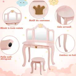 Coiffeuse pour Enfant 2 en 1, Table de Maquillage avec Tabouret et 3 Miroirs Amovibles, pour Enfants de 3-7 Ans (Rose)