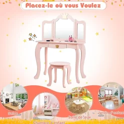 Coiffeuse pour Enfant 2 en 1, Table de Maquillage avec Tabouret et 3 Miroirs Amovibles, pour Enfants de 3-7 Ans (Rose)