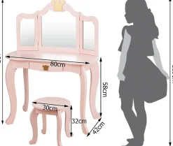 Coiffeuse pour Enfant 2 en 1, Table de Maquillage avec Tabouret et 3 Miroirs Amovibles, pour Enfants de 3-7 Ans (Rose)