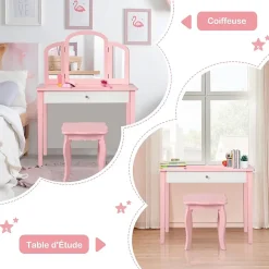 Coiffeuse pour Enfant avec Miroir Pliant Inclus de Table de Maquillage et Tabouret 1 Grand Tiroir Accessoire de Maquillage