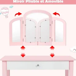 Coiffeuse pour Enfant avec Miroir Pliant Inclus de Table de Maquillage et Tabouret 1 Grand Tiroir Accessoire de Maquillage