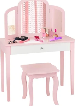 Coiffeuse pour Enfant avec Miroir Pliant Inclus de Table de Maquillage et Tabouret 1 Grand Tiroir Accessoire de Maquillage