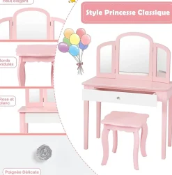 Coiffeuse pour Enfant avec Miroir Pliant Inclus de Table de Maquillage et Tabouret 1 Grand Tiroir Accessoire de Maquillage