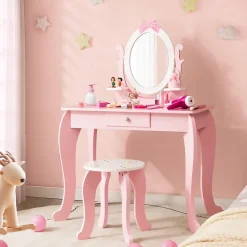 Coiffeuse pour Enfant Ensemble Coiffeuse et Chaise avec Miroir Rotatif Détachable Table de Maquillage avec Motif de Nœud Papillon