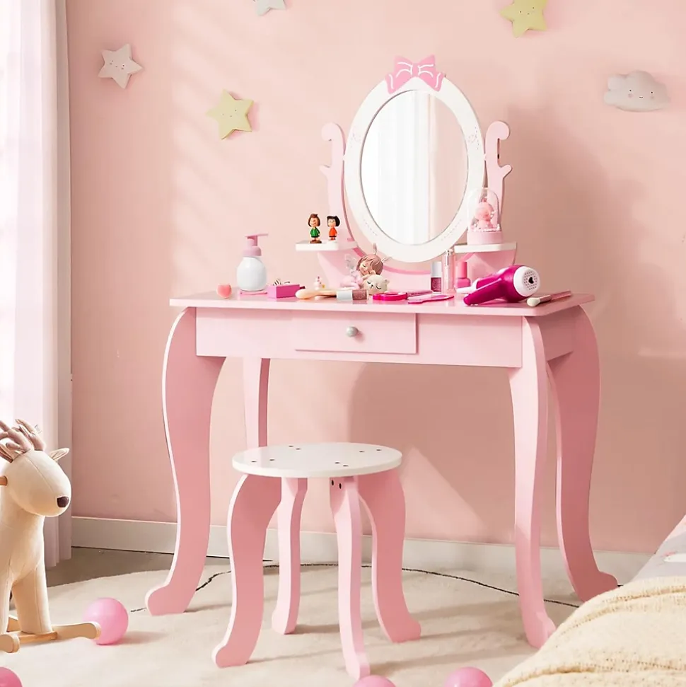 Coiffeuse pour Enfant Ensemble Coiffeuse et Chaise avec Miroir Rotatif Détachable Table de Maquillage avec Motif de Nœud Papillon