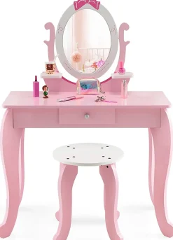 Coiffeuse pour Enfant Ensemble Coiffeuse et Chaise avec Miroir Rotatif Détachable Table de Maquillage avec Motif de Nœud Papillon