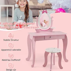 Coiffeuse pour Enfant Ensemble Coiffeuse et Chaise avec Miroir Rotatif Détachable Table de Maquillage avec Motif de Nœud Papillon