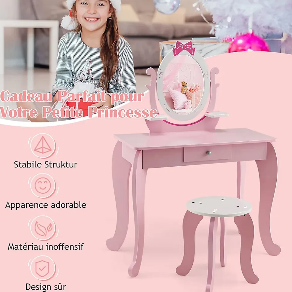 Coiffeuse pour Enfant Ensemble Coiffeuse et Chaise avec Miroir Rotatif Détachable Table de Maquillage avec Motif de Nœud Papillon