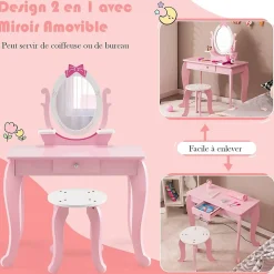 Coiffeuse pour Enfant Ensemble Coiffeuse et Chaise avec Miroir Rotatif Détachable Table de Maquillage avec Motif de Nœud Papillon