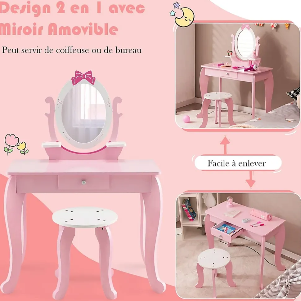 Coiffeuse pour Enfant Ensemble Coiffeuse et Chaise avec Miroir Rotatif Détachable Table de Maquillage avec Motif de Nœud Papillon