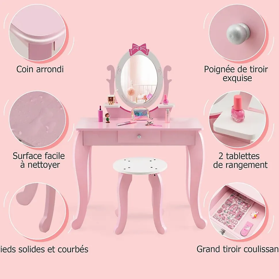 Coiffeuse pour Enfant Ensemble Coiffeuse et Chaise avec Miroir Rotatif Détachable Table de Maquillage avec Motif de Nœud Papillon