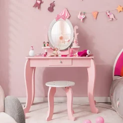 Coiffeuse pour Enfant Ensemble Coiffeuse et Chaise avec Miroir Rotatif Détachable Table de Maquillage avec Motif de Nœud Papillon