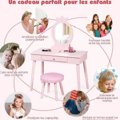 Coiffeuse pour enfants avec tabouret coiffeuse et chaise table cosmetique avec miroir et tiroir egalement comme bureau