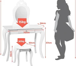 Coiffeuse Princesse Europeenne Table de Maquillage pour Enfant avec Tabouret Miroir et Tiroir en MDF Pieds en Bois de Pin
