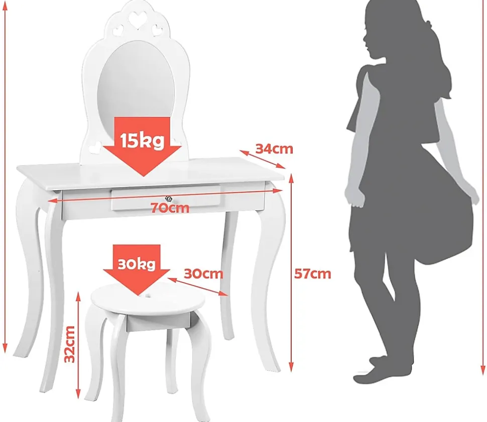 Coiffeuse Princesse Europeenne Table de Maquillage pour Enfant avec Tabouret Miroir et Tiroir en MDF Pieds en Bois de Pin